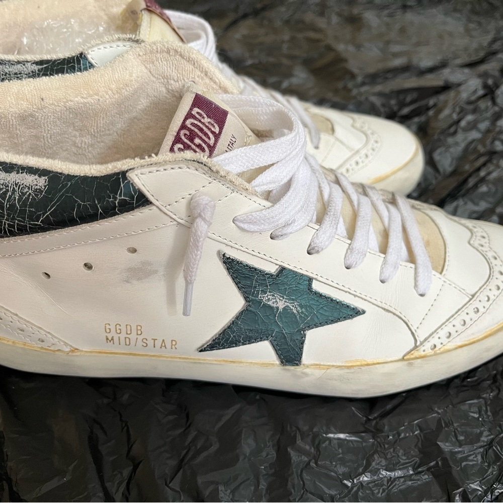 Golden Goose size 41/8, white with green metallic accents. New, unworn, no box.